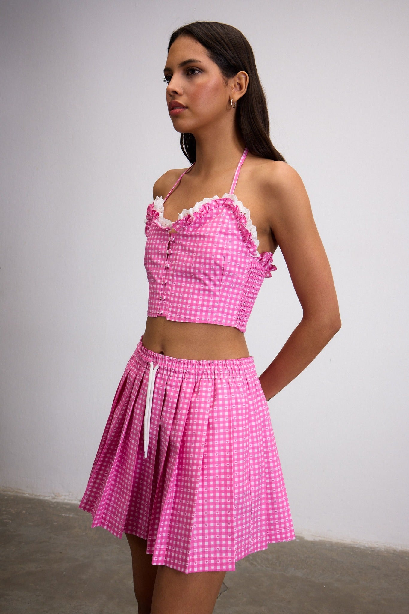 SWEETHEART GINGHAM PLEATED MINI SKIRT - PINK