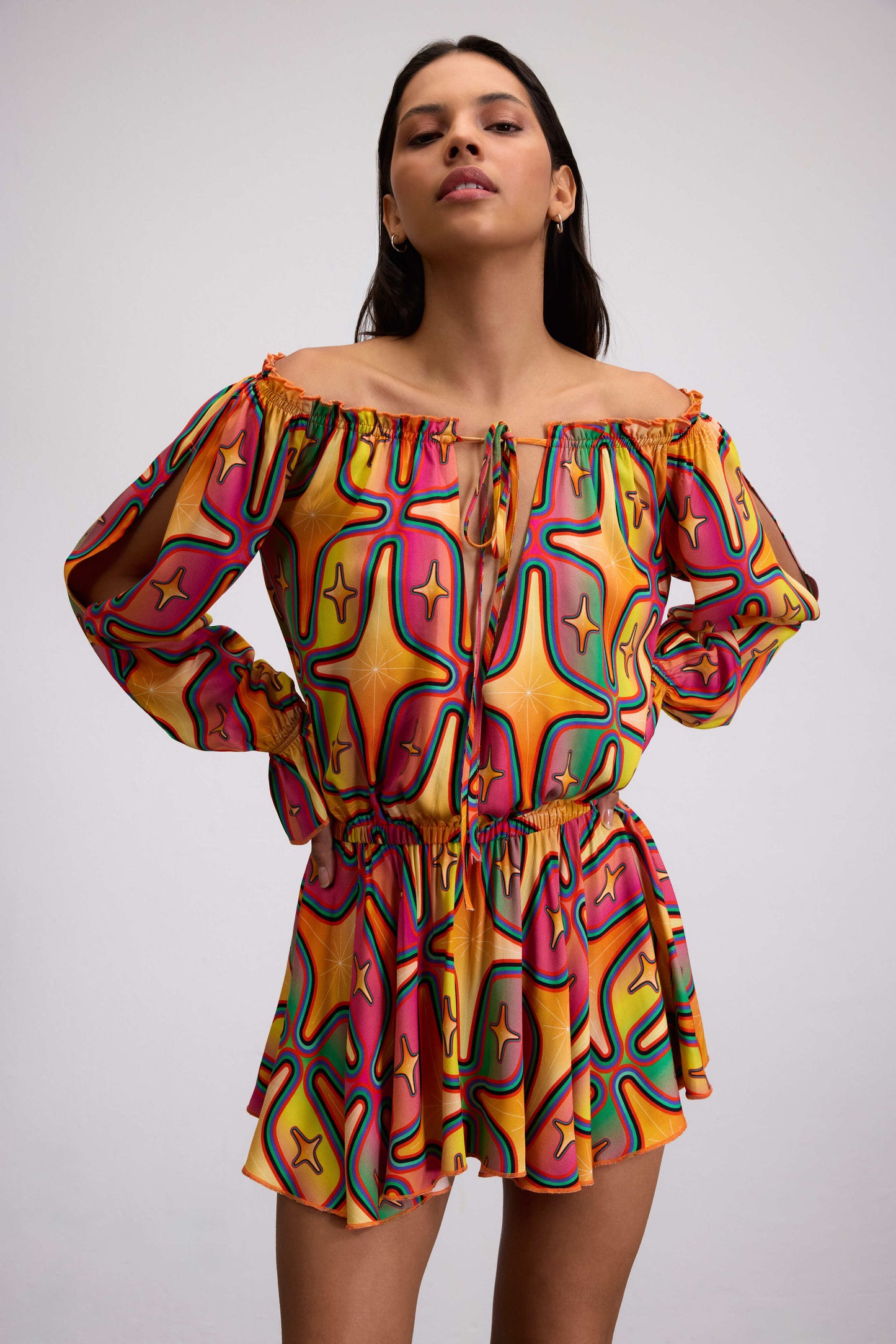 SIRIUS STARRY PRINT OFF-SHOULDER MINI DRESS