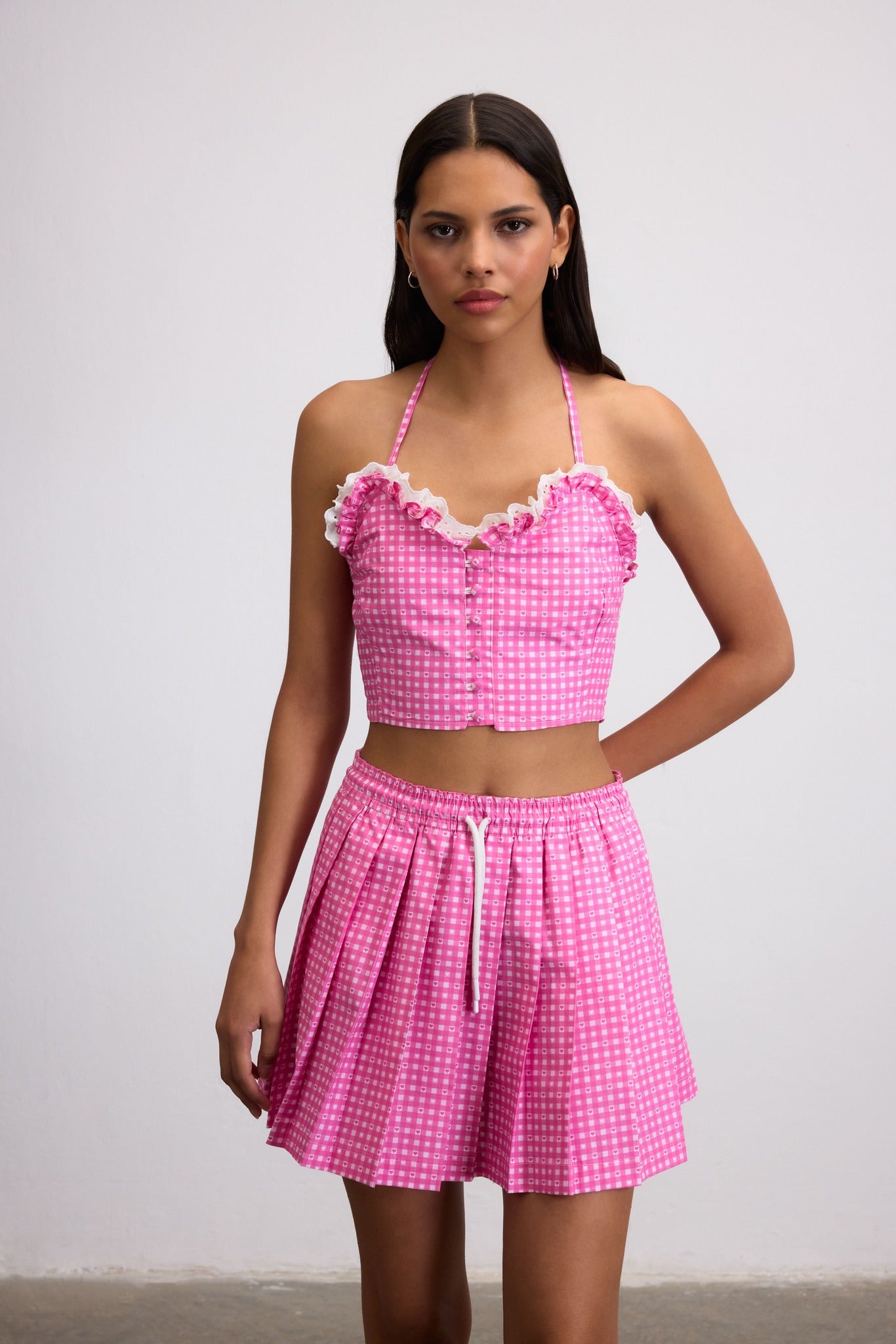 SWEETHEART GINGHAM CROP BUSTIER TOP WITH LACE TRIM - PINK