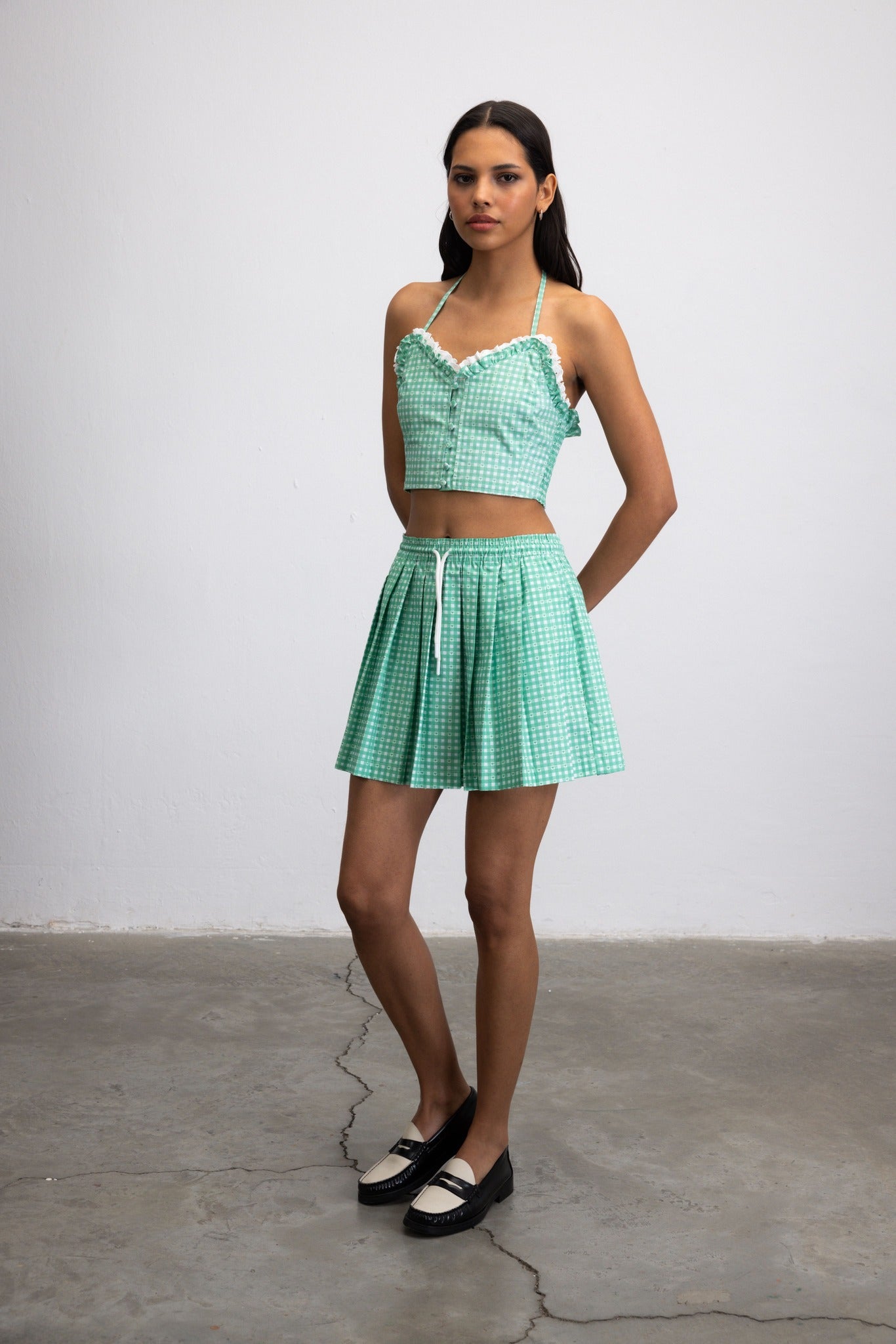 SWEETHEART GINGHAM CROP BUSTIER TOP WITH LACE TRIM - GREEN