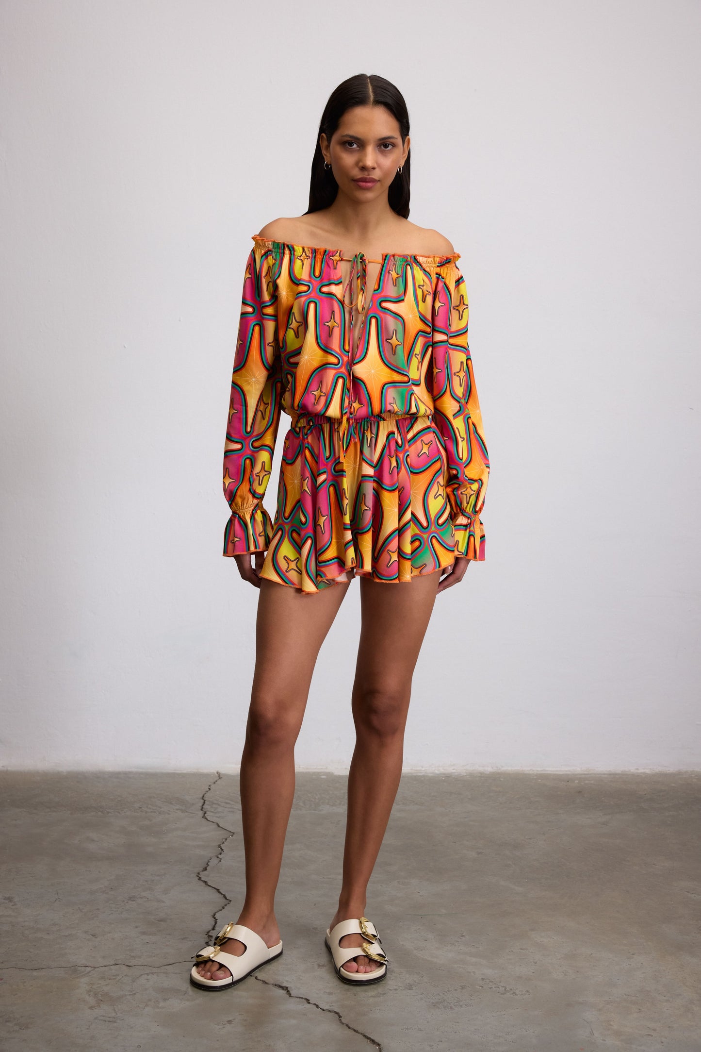 SIRIUS STARRY PRINT OFF-SHOULDER MINI DRESS