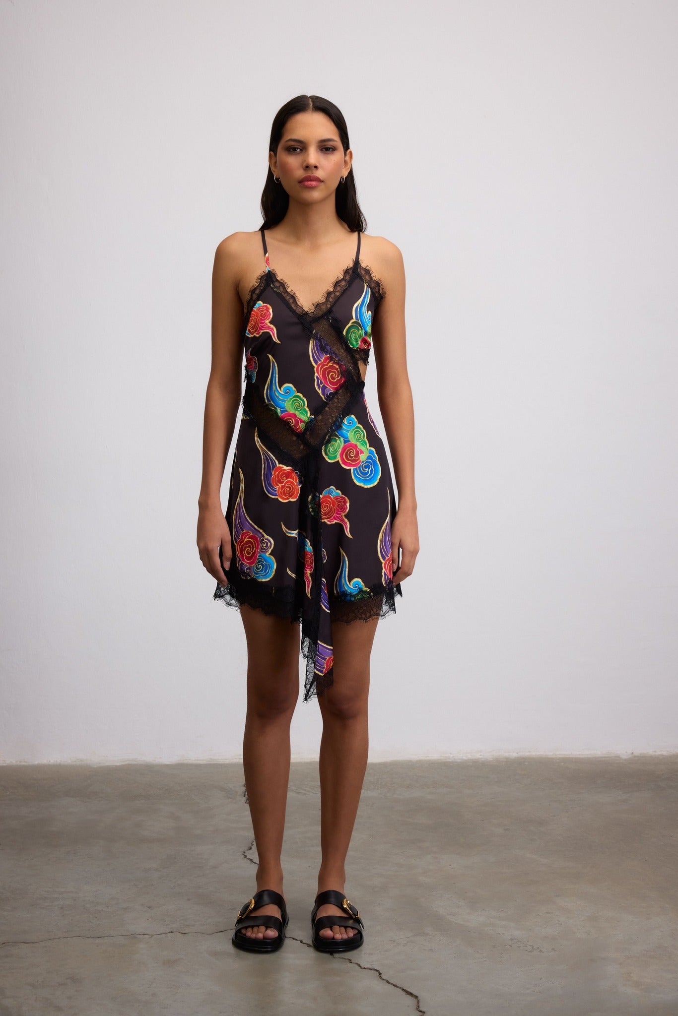 SORA CLOUD PRINT MINI DRESS WITH LACE TRIM