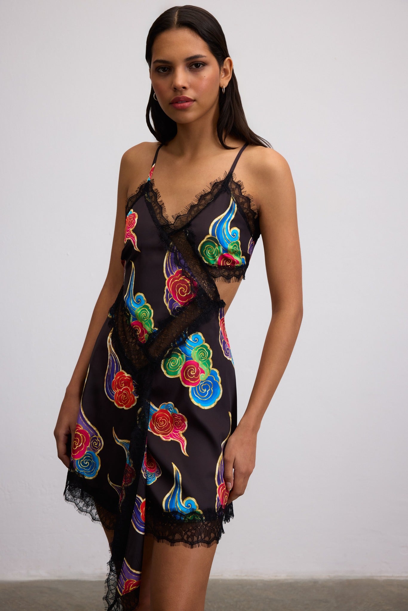 SORA CLOUD PRINT MINI DRESS WITH LACE TRIM