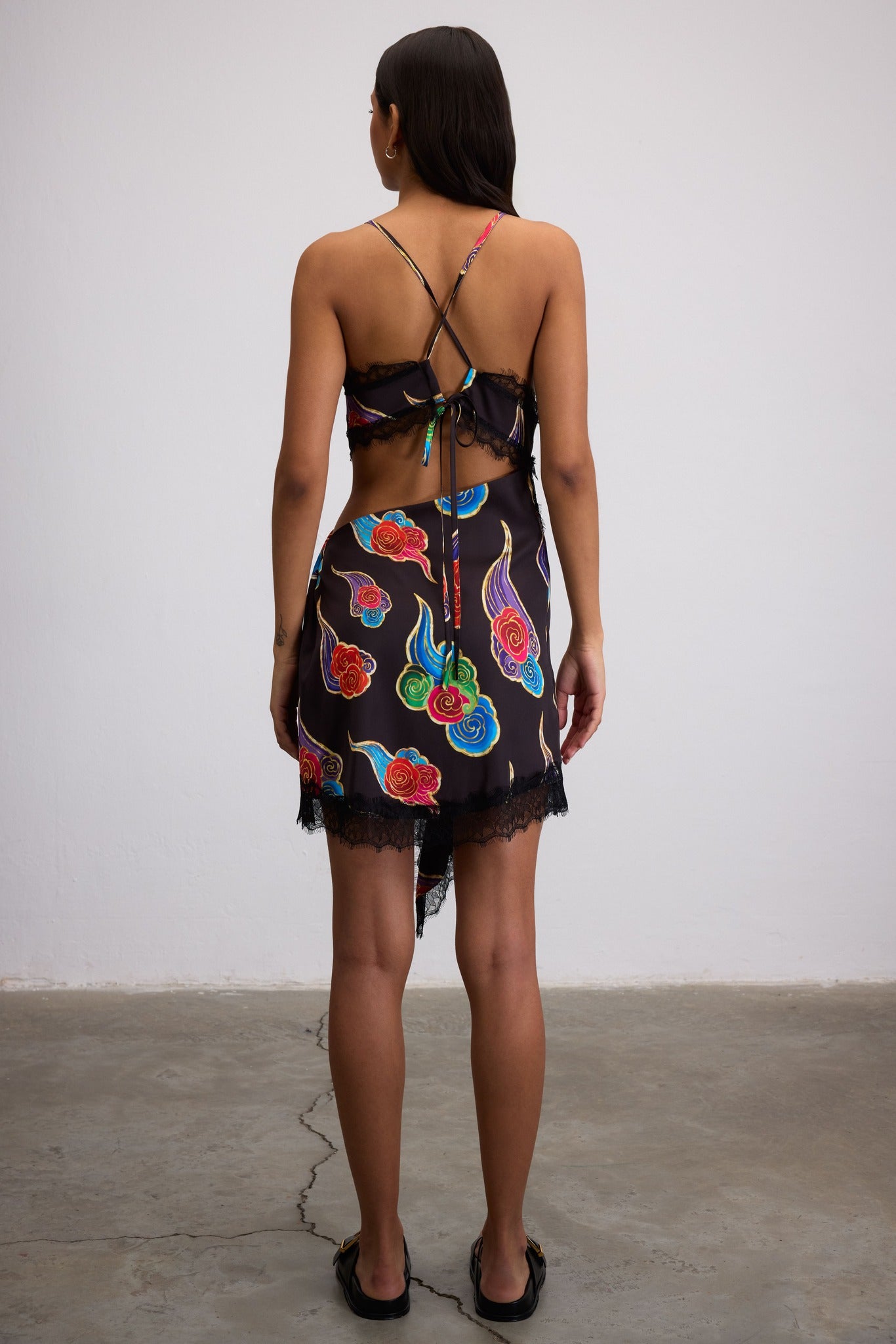 SORA CLOUD PRINT MINI DRESS WITH LACE TRIM