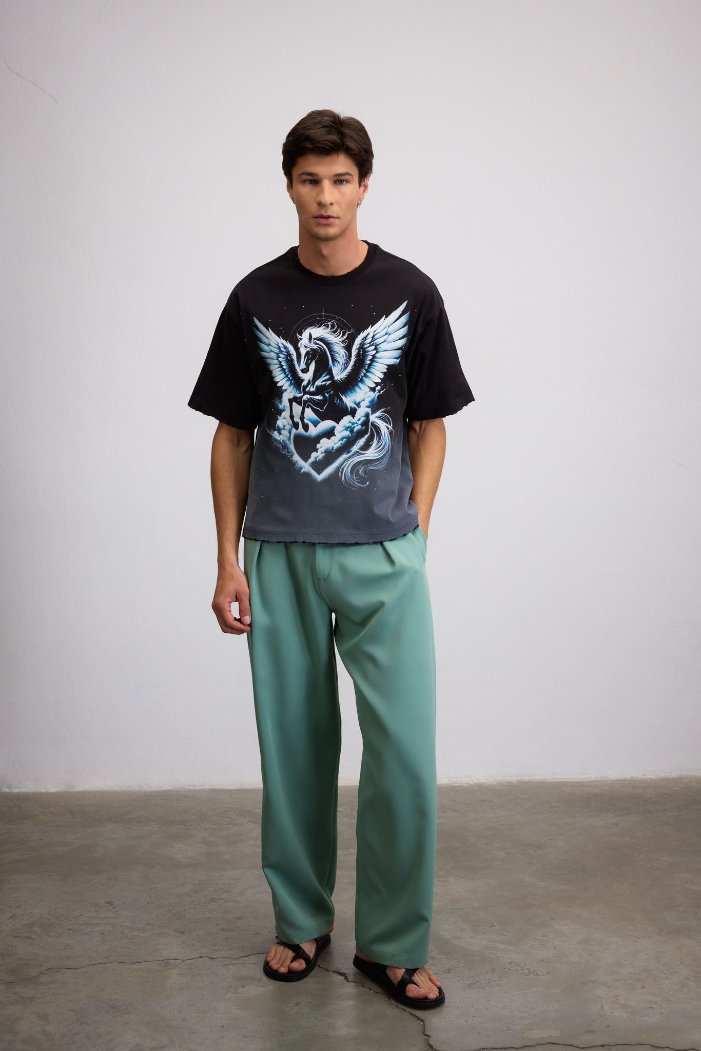 FANTASTICA WINGED HORSE PRINTED BLACK T-SHIRT