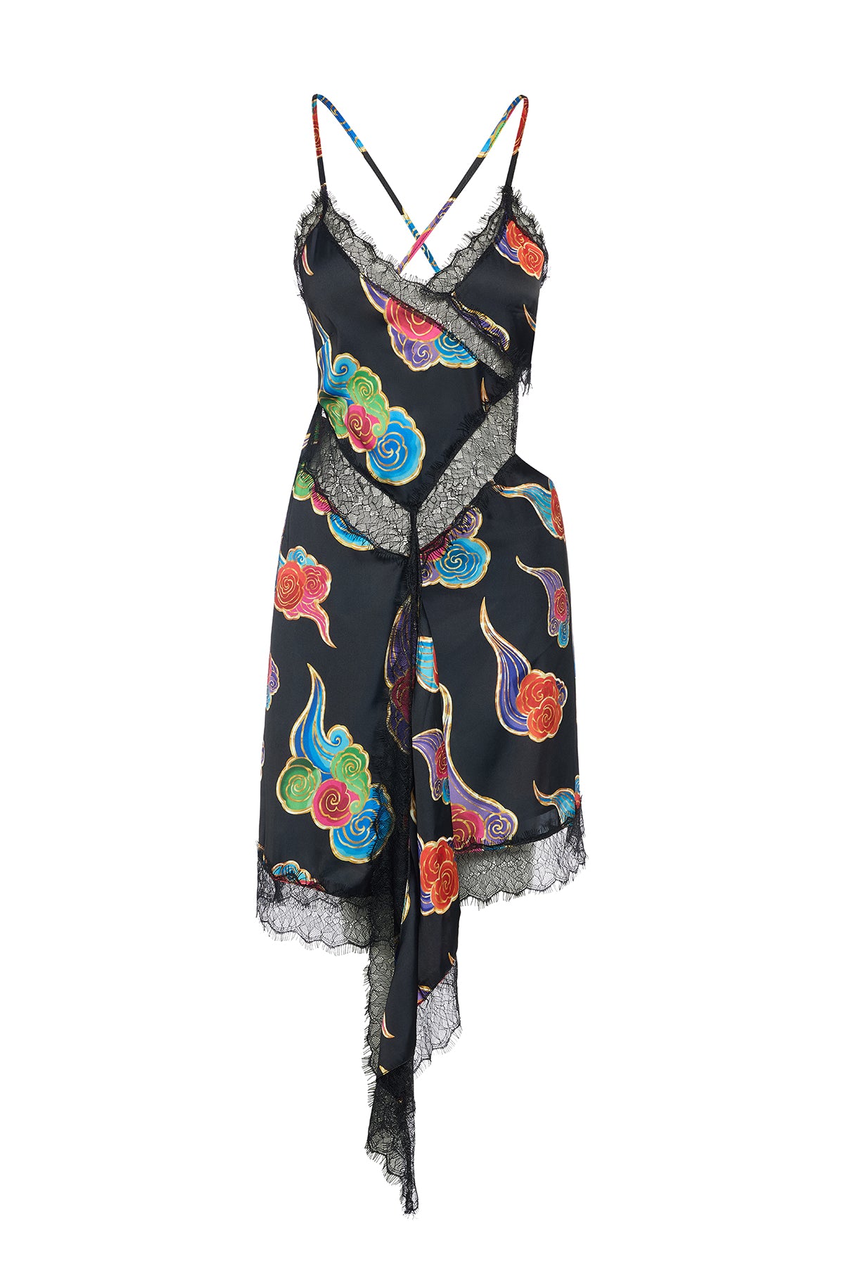 SORA CLOUD PRINT MINI DRESS WITH LACE TRIM