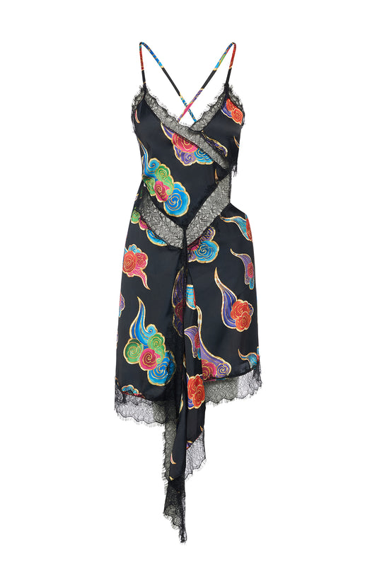 SORA CLOUD PRINT MINI DRESS WITH LACE TRIM