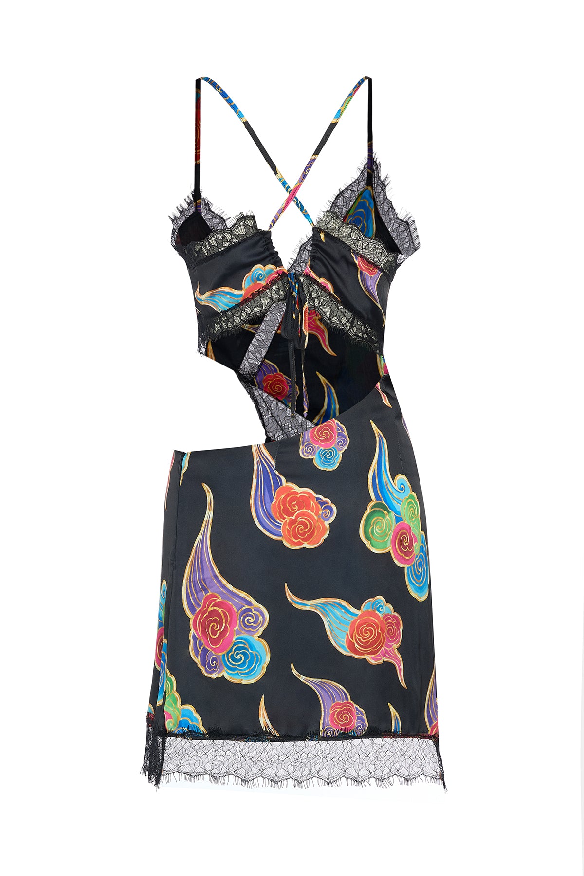 SORA CLOUD PRINT MINI DRESS WITH LACE TRIM