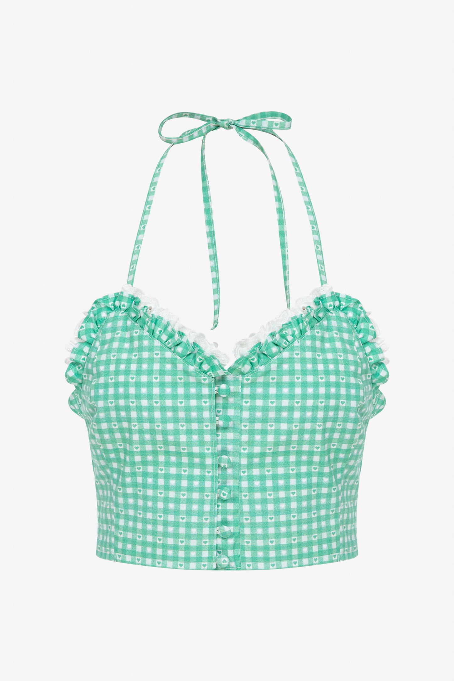 SWEETHEART GINGHAM CROP BUSTIER TOP WITH LACE TRIM - GREEN