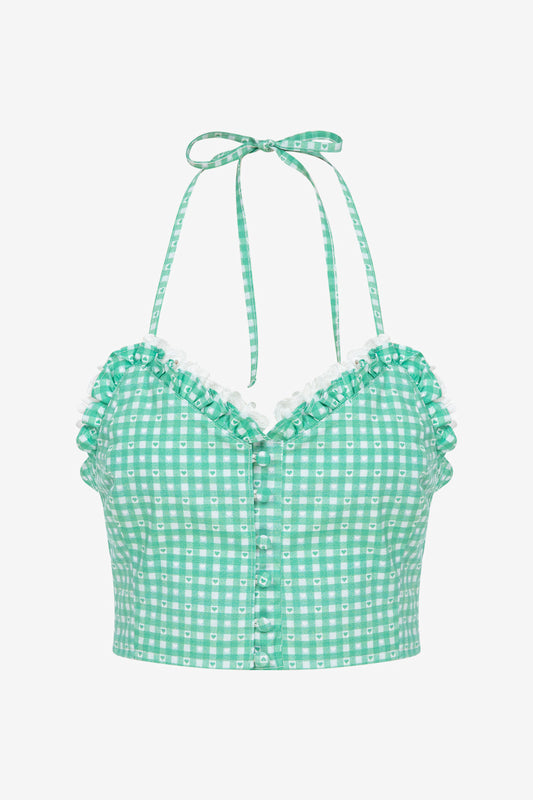 SWEETHEART GINGHAM GREEN BUSTIER WITH LACE TRIM
