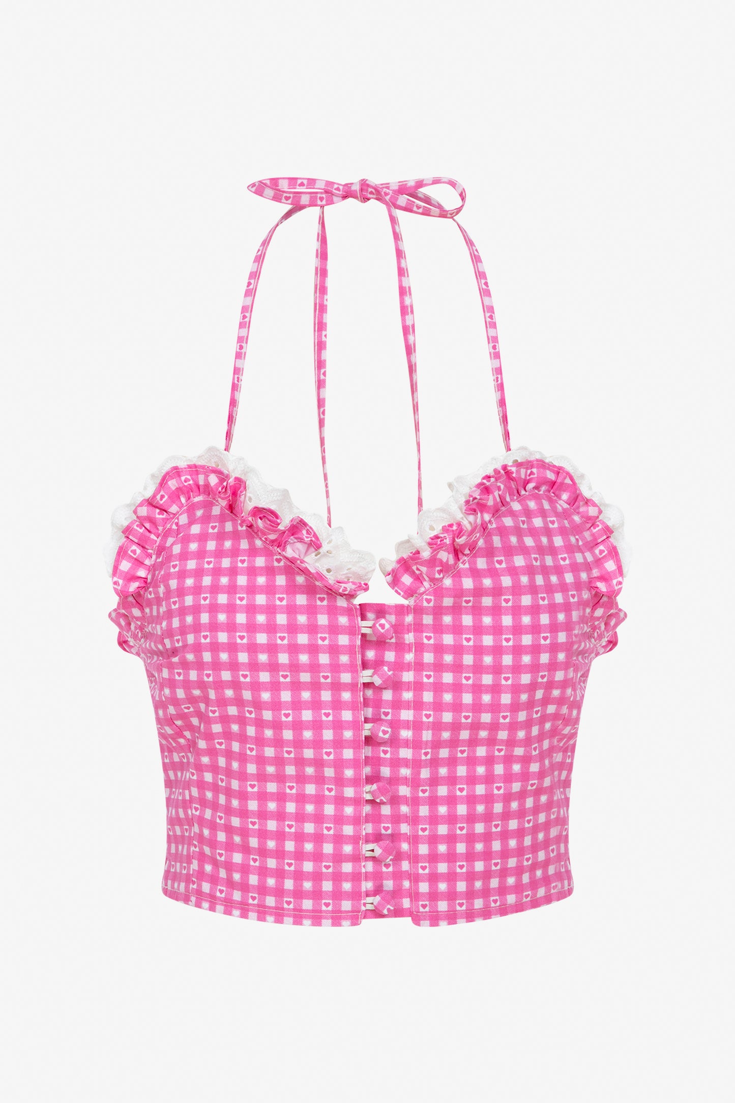 SWEETHEART GINGHAM CROP BUSTIER TOP WITH LACE TRIM - PINK