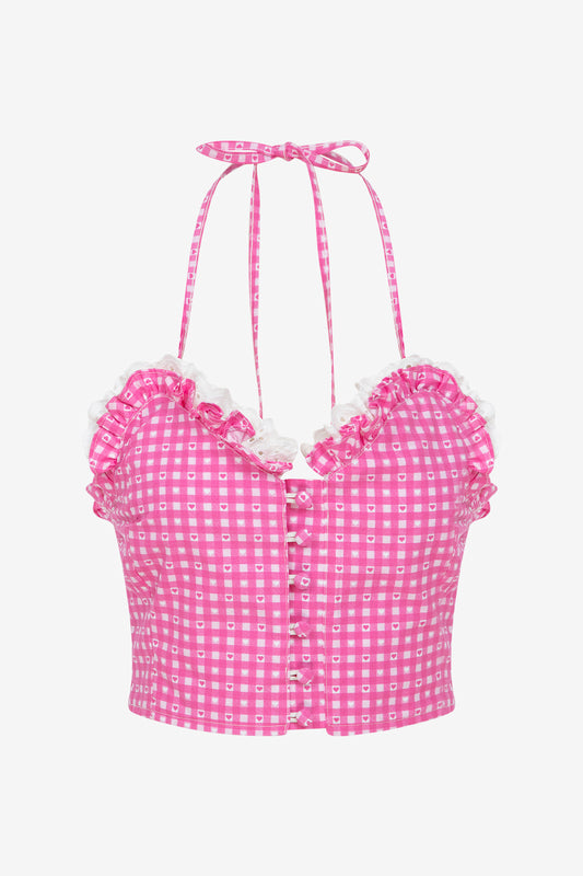 SWEETHEART GINGHAM PINK BUSTIER WITH LACE TRIM