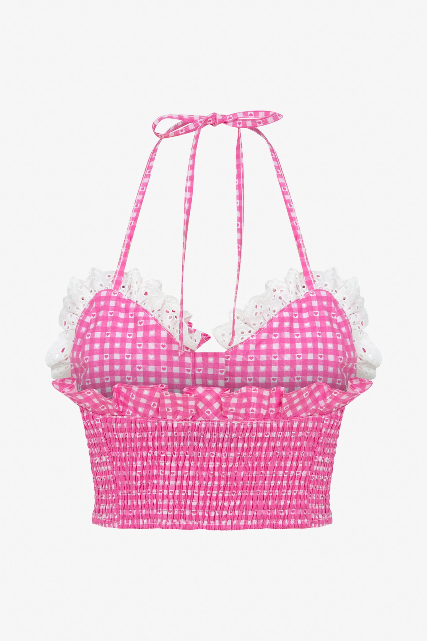 SWEETHEART GINGHAM CROP BUSTIER TOP WITH LACE TRIM - PINK
