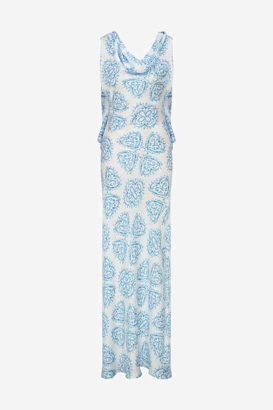 BLEU CERAMIC PRINT MAXI DRESS WITH OPEN BACK
