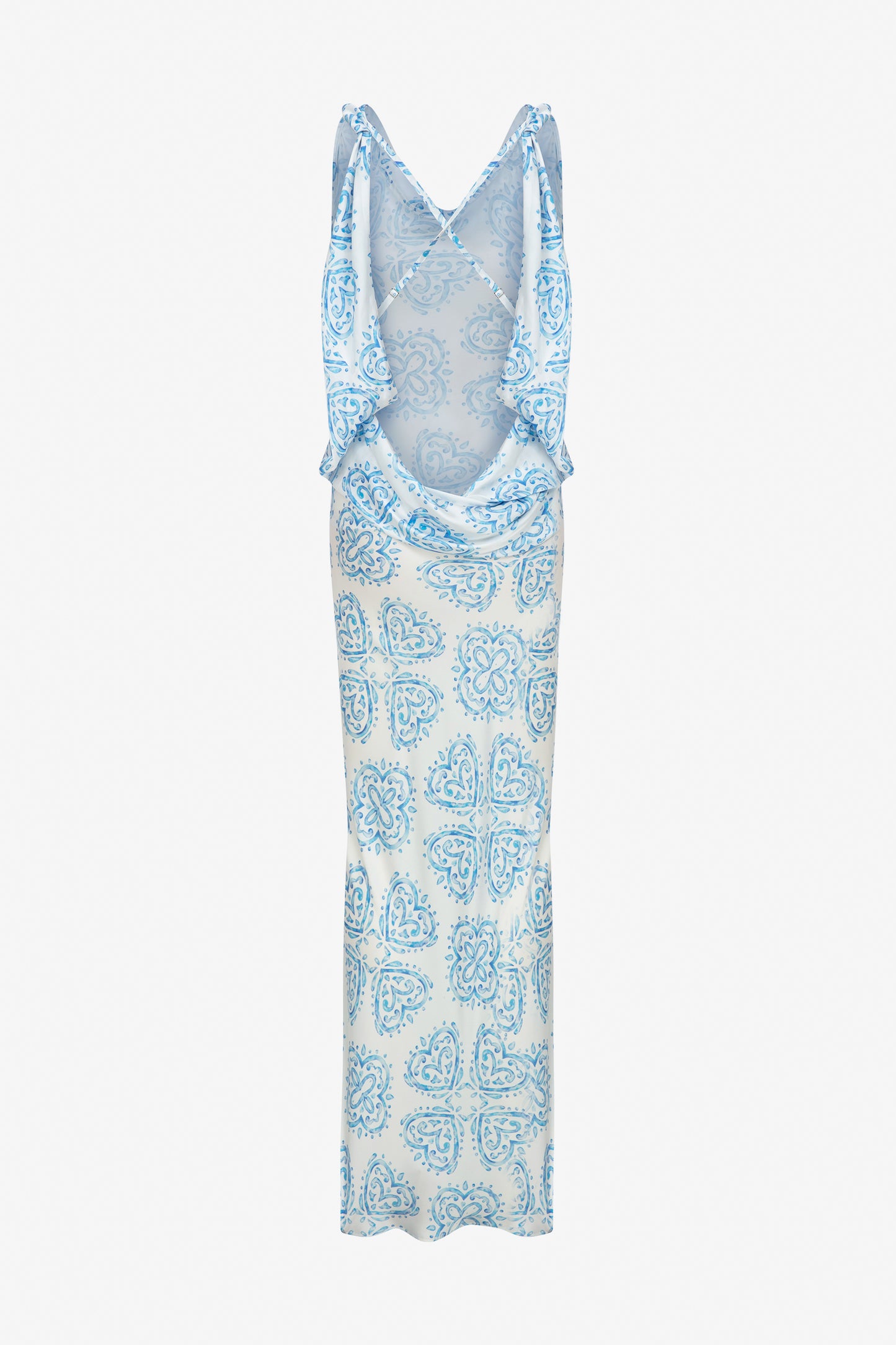 BLEU CERAMIC PRINT MAXI DRESS WITH OPEN BACK